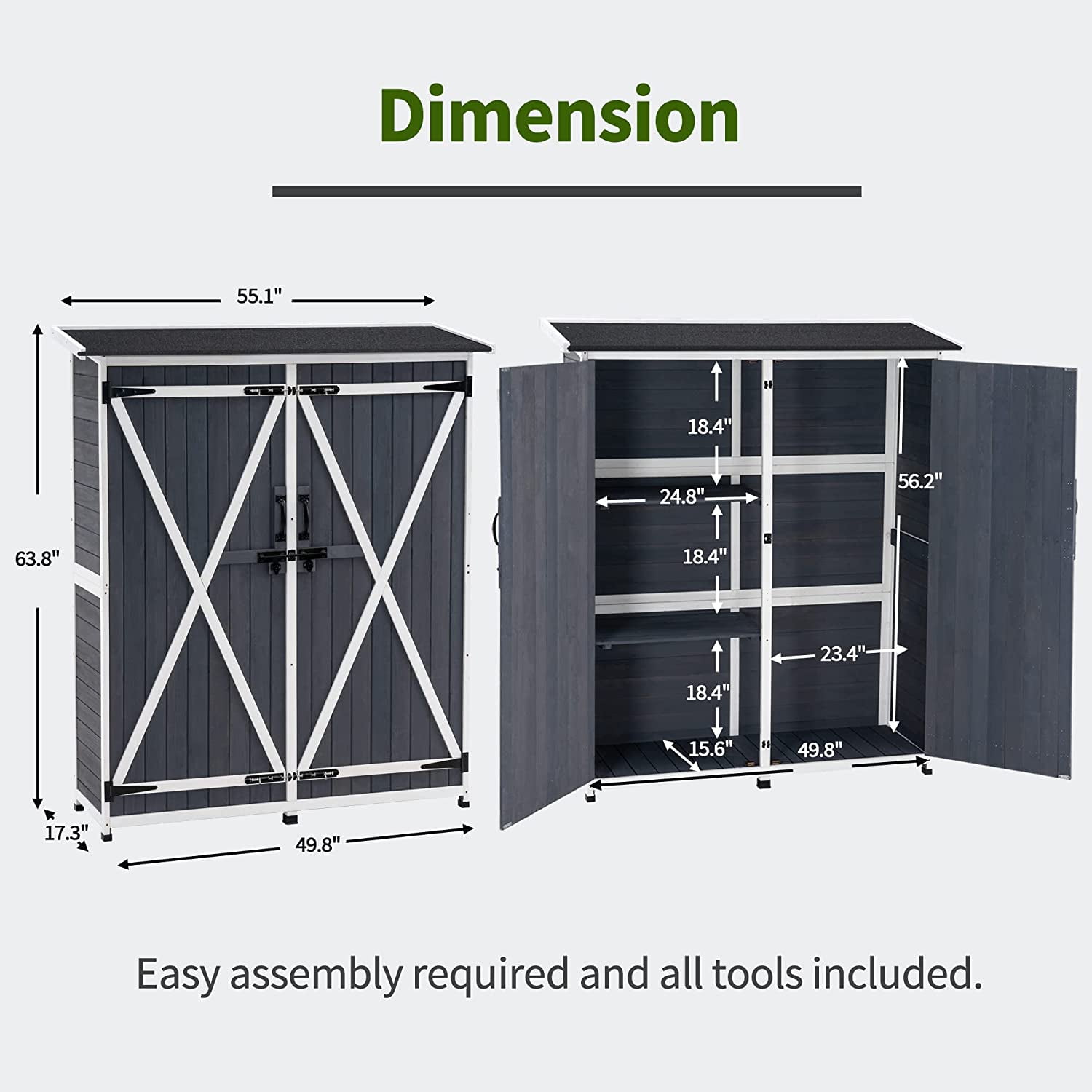 MCombo 64 inch Tall Outdoor Storage Cabinet with Shelves and Floor, Lockable Double Doors Garden Wood Tool Shed, Fir Wood