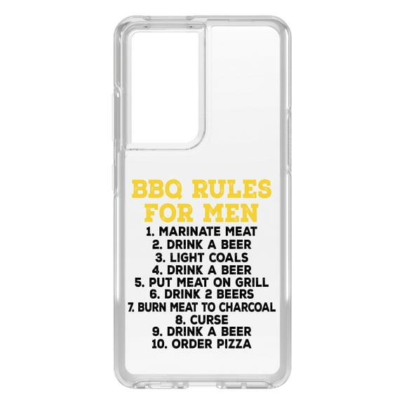 DistinctInk Clear Shockproof Hybrid Case for Galaxy S21 ULTRA 5G (6.8" Screen) - TPU Bumper Acrylic Back Tempered Glass Screen Protector - BBQ Rules for Men