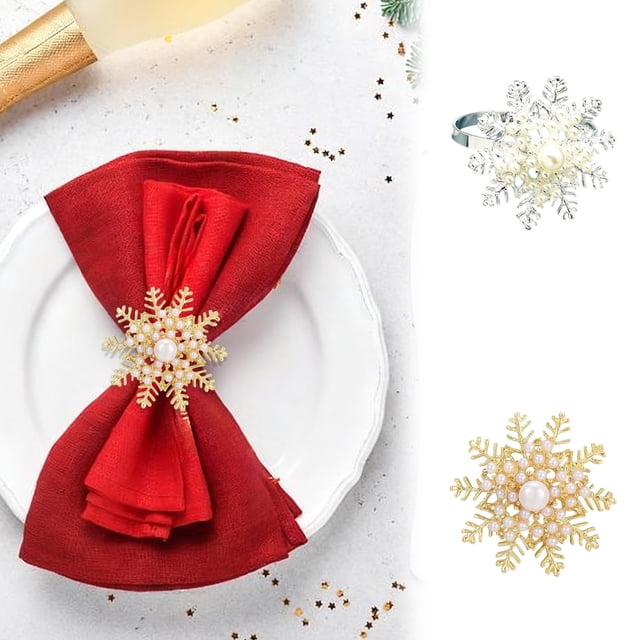 Anillo de servilleta de copo de nieve de Navidad | Decoración festiva de mesa de metal de aleación con detalles en perlas | Diseño elegante de corte hueco para la gastronomía navideña | Acabados en