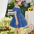 thumbnail image 4 of CCRFTGI Summer Dresses for Child Girls Size 7 Casual Cute Dress Off Shoulder Pleated Square Neck Ruffle Smocked Floral Princess Birthday A-Line Dress Blue 7-8 Years, 4 of 8