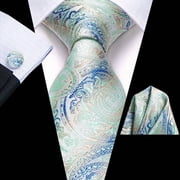 Hi-Tie Mint Green Paisley Silk Paisley Ties for Men Necktie Pocket Square Cufflinks Set Foral Tie Sets Formal Business