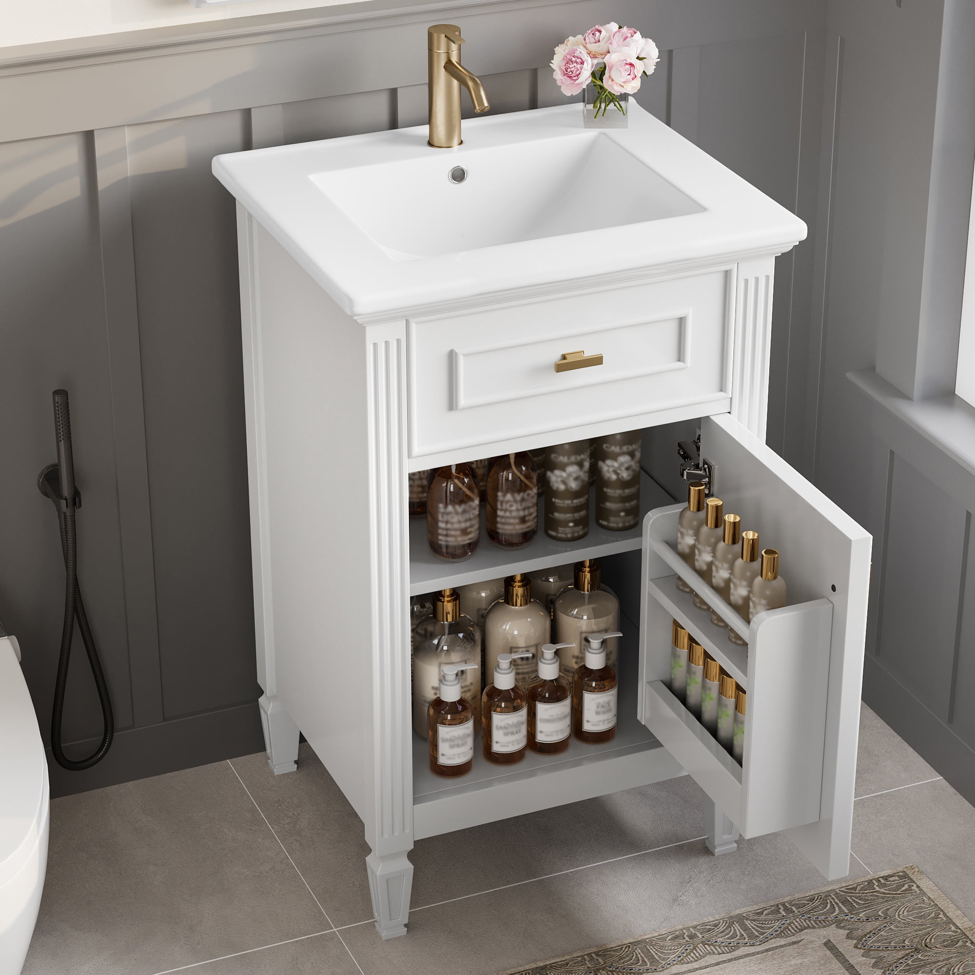 Euroco 20" Bathroom Vanity with Integrated Ceramic Sink, Soft-Close Hinges and Drawer Storage, Solid Wood Legs