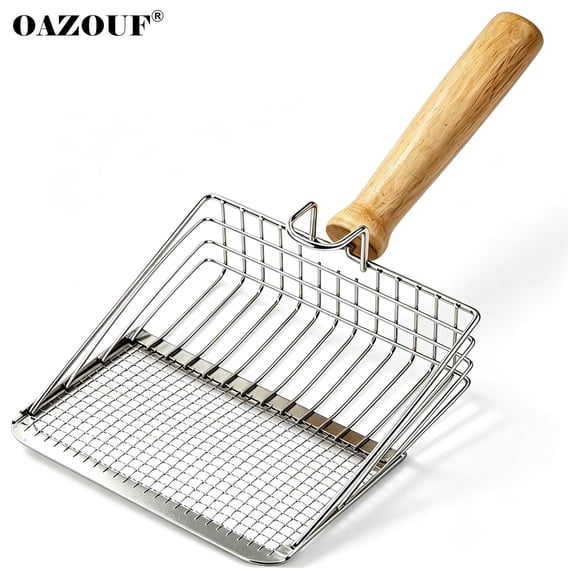 Metal Cat Litter Scoop, Wooden Handle, Metal Shovel, 2 Sizes of Holes for Clumping Cat Litter, Silver