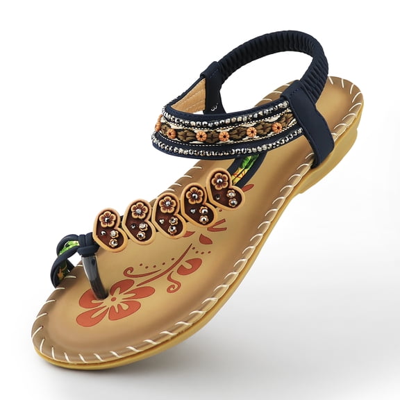Pmoiste Comfortable Walking Sandals for Women Resorts Thong Toe Ring Handmade Rhinestone Print Flat Boho Summer Shoes Ladies