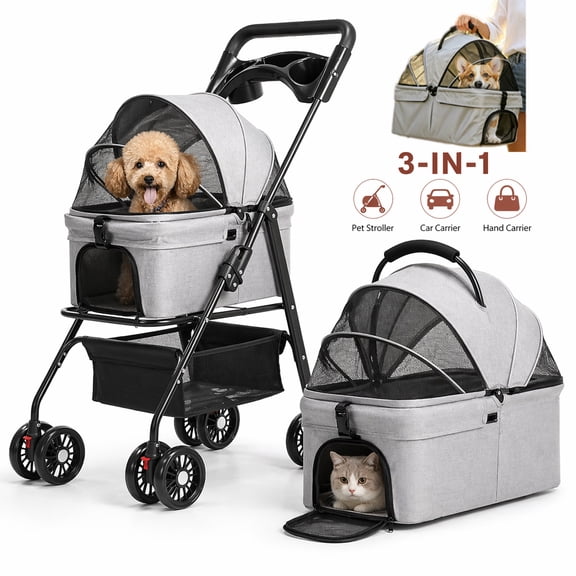 Pet Stroller for Small Dogs, Grey Foldable 4-Wheel Dog Stroller with Detachable Carrier, Breathable Mesh, Sun Shade, Storage Basket & Cup Holder, Up to 44 lbs