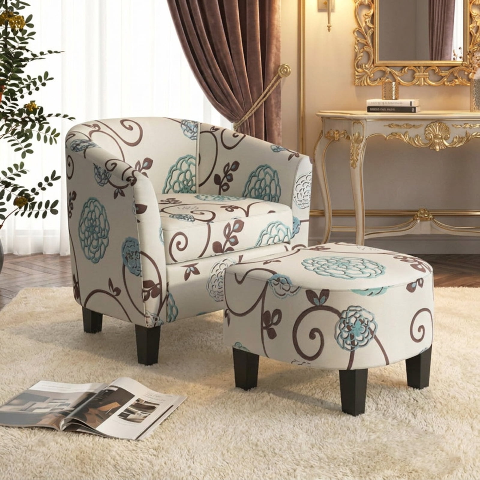 Furnibear Modern Accent Tub Chair and Ottoman Set with Fabric Upholstered for Living Room Bedroom Reading Nook Accent Lounge Home, Beige