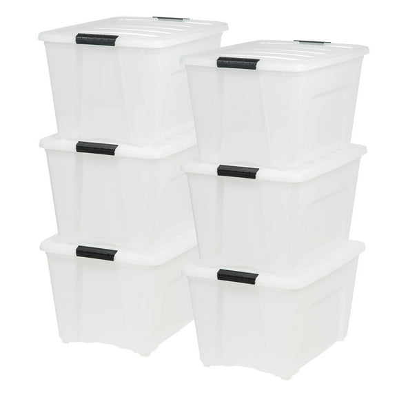 IRIS USA 54 Qt Stackable Plastic Storage Bins with Lids, 6 Pack - BPA-Free - Discreet Organizing Solution, Latches, Durable Nestable Containers, Secure Pull Handle - Pearl