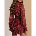 thumbnail image 4 of Women's Floral Long Puff Sleeve Dress Chiffon Mock Neck Tie Waist Ruffle Layered Mini Dresses Deep Red S, 4 of 7