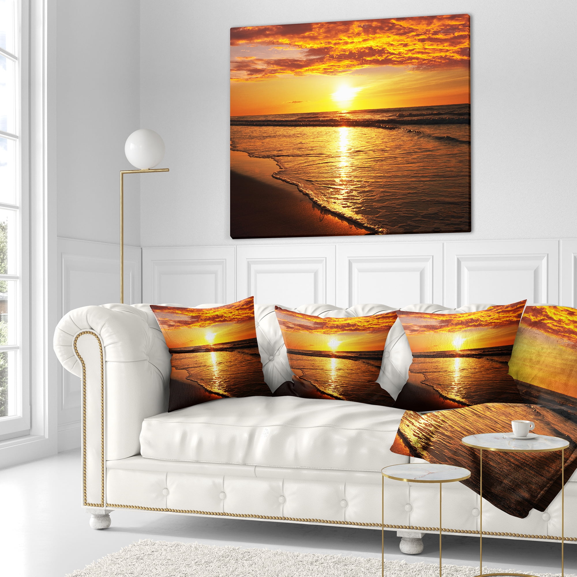 Designart Bright Yellow Sunset over Waves - Modern Beach Throw Pillow - 18x18