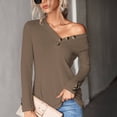 thumbnail image 3 of V Neck Long Sleeve Top Solid Color Button Decoration Waffle Casual Women's Top for Fall Winter Khaki M, 3 of 7