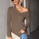 thumbnail image 3 of Top de manga larga con cuello en V, decoración de botones de color sólido, top informal de gofre para mujer para otoño invierno caqui M, 3 of 7