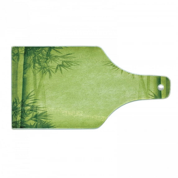 Bamboo Print Cutting Board, Chinese Banmboo Trees Design Fengshui Style Simple Organized Relaxing Life Image, Tempered Glass Cutting and Serving Board, Wine Bottle Shape, Green, by Ambesonne