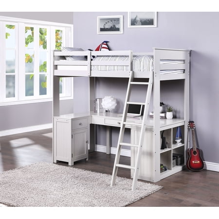 LANTRO JS Ambar Loft Bed w/Chest  Desk & Bookcase  Light Gray 38065