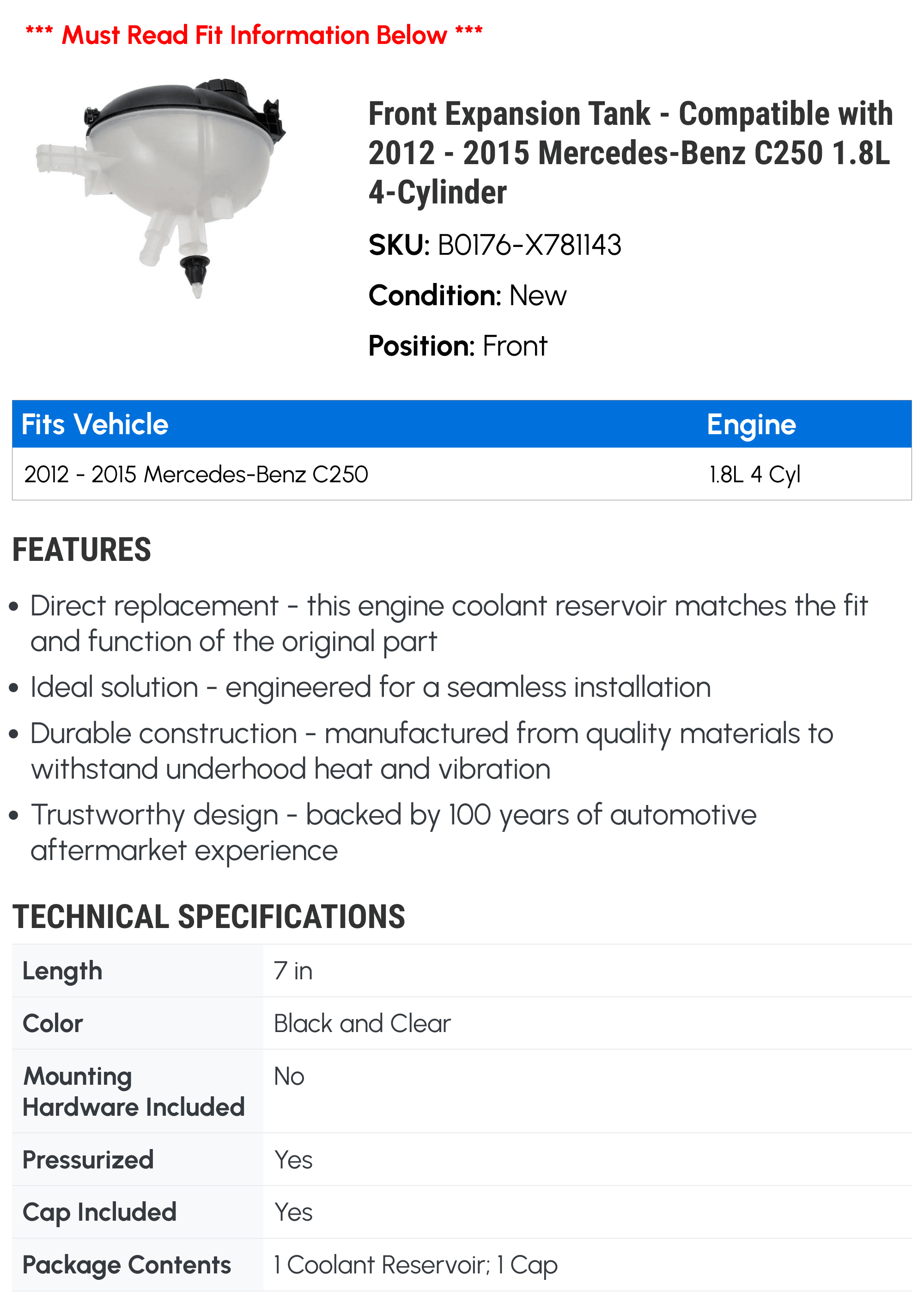 Front Expansion Tank - Compatible with 2012 - 2015 Mercedes-Benz C250 1.8L 4-Cylinder - Dorman