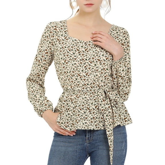 Allegra K Women's Floral Long Sleeve Square Neck Peplum Blouse with Belt