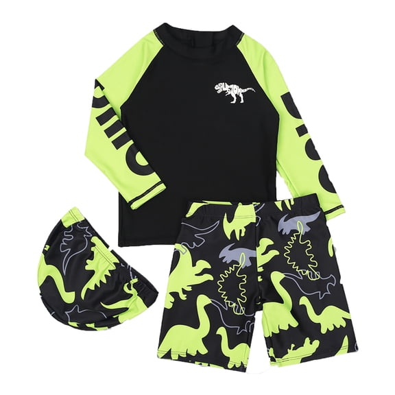 Boy Swimsuit 3 Piece Toddler Cute Graphic Print Long Sleeve Top and Shorts Sets with Sun Hat Rash Guard Quick Dry Bathing Suits