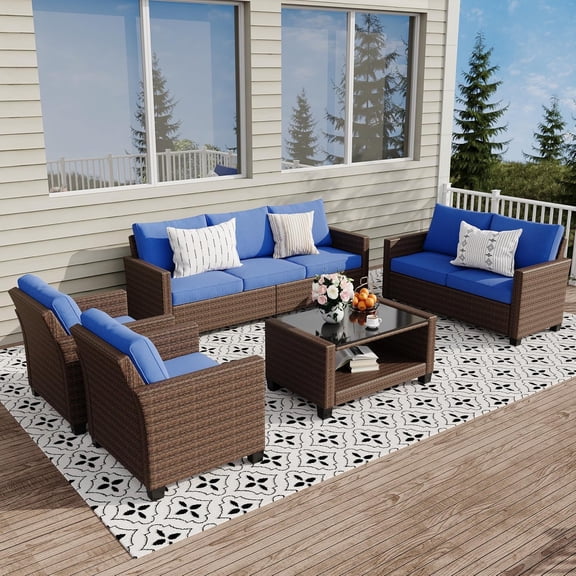 5Pcs Outdoor Patio Furniture Sets, Wicker Conversation Set for Porch Deck, Gray Rattan Sofa Chair with Blue Cushion, Blue
