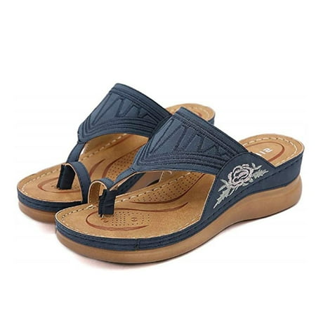 

Embroidery Orthopedic Comfy Flip Flop Sandals Open Toe Summer Outdoor Slippers Wedges Slippers for Women Blue 42