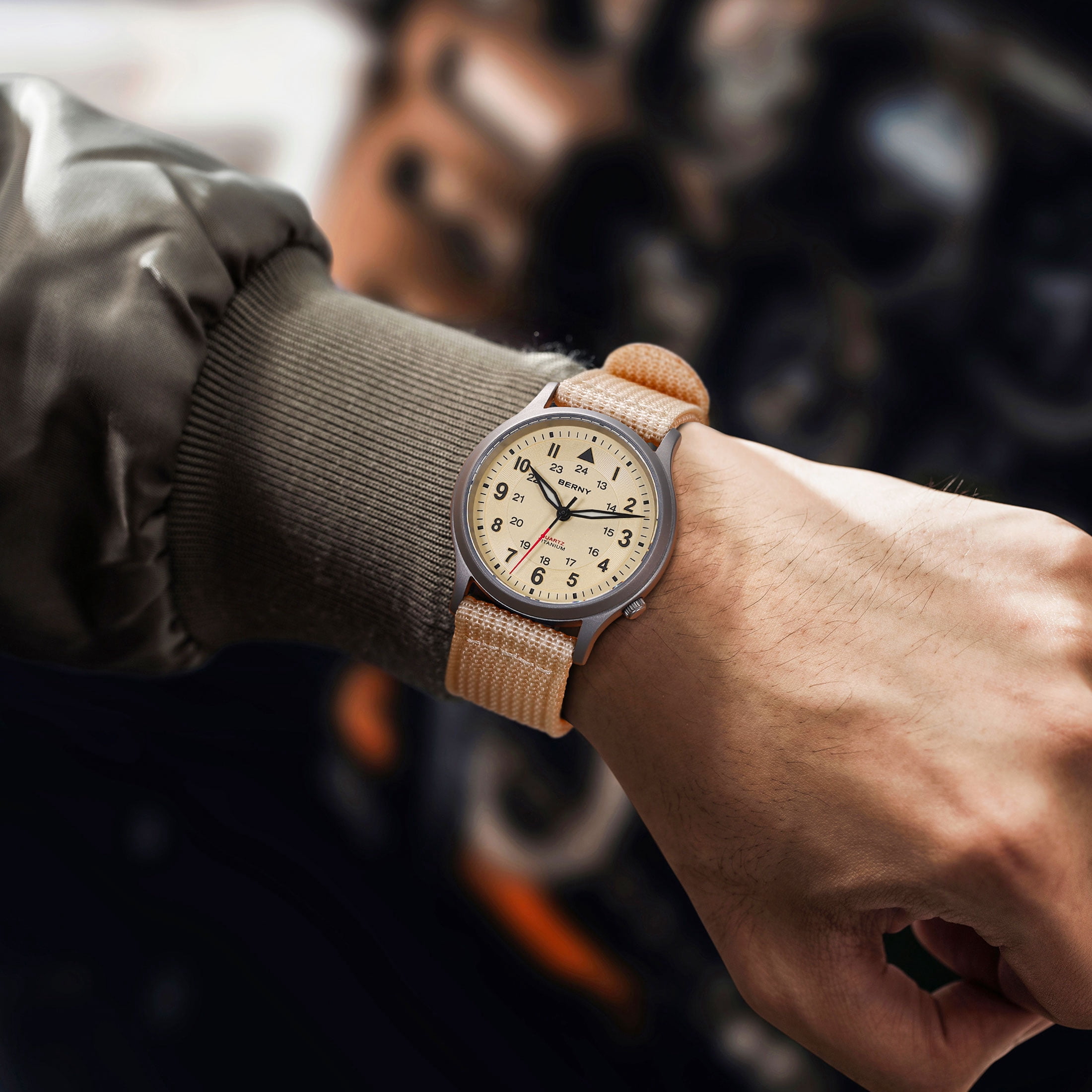 BERNY Titanium Watches for Men, Japanese Quartz Movement Men's Field Watch, 5ATM Waterproof Military Wristwatch for Men, Analog Sport Watches, Beige