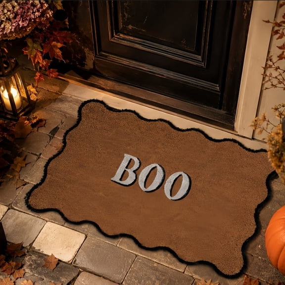 Halloween BOO Coir Doormat, Wavy Scalloped Black‑Trimmed Front Door Mat, Spooky Fall Seasonal Welcome Rug for Indoor Outdoor Porch Entryway Decor(29.5x17.7Inch)