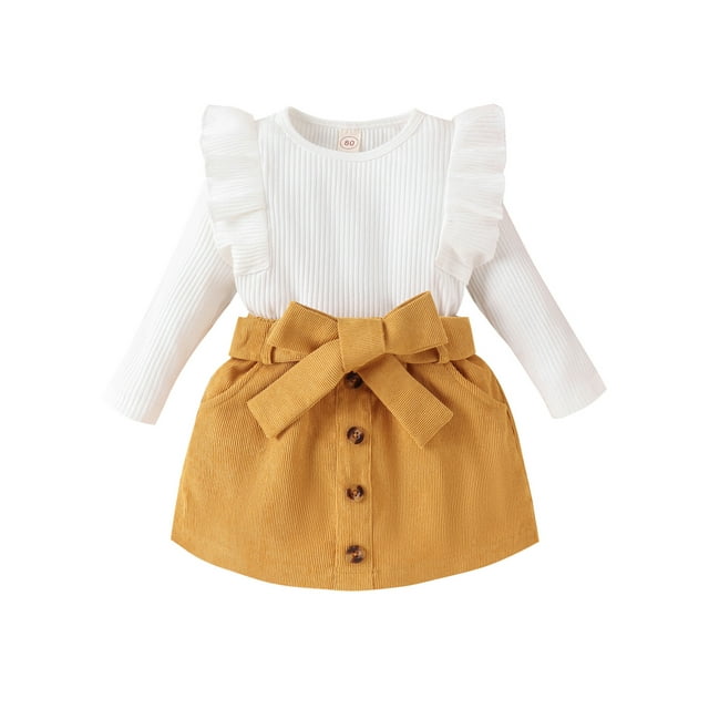Sylvamorning 9M-4T Kids Baby Girls Skirts Set Long Sleeve Ruffle Ribbed Tops + Solid Color Button Skirt with Belt 2Pcs Outfits Toddler Casual Fall Clothes