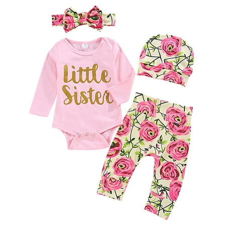 

Actoyo 4Pcs Newborn Baby Girls Little Sister Romper Floral Pants Headband Hat Jumpsuit Outfits Set Clothes