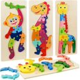 thumbnail image 1 of Rompecabezas de madera de animales de 4 piezas, juguetes de rompecabezas, juguetes Montessori aprendizaje educativo para niños de 2 3 4 5 años (grande 30 * 12 cm), 1 of 5