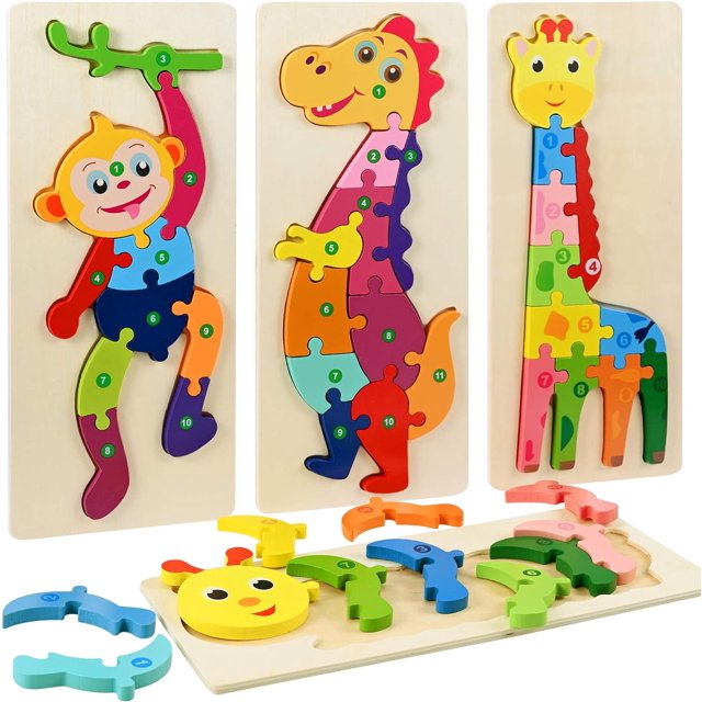 Rompecabezas de madera de animales de 4 piezas, juguetes de rompecabezas, juguetes Montessori aprendizaje educativo para niños de 2 3 4 5 años (grande 30 * 12 cm)