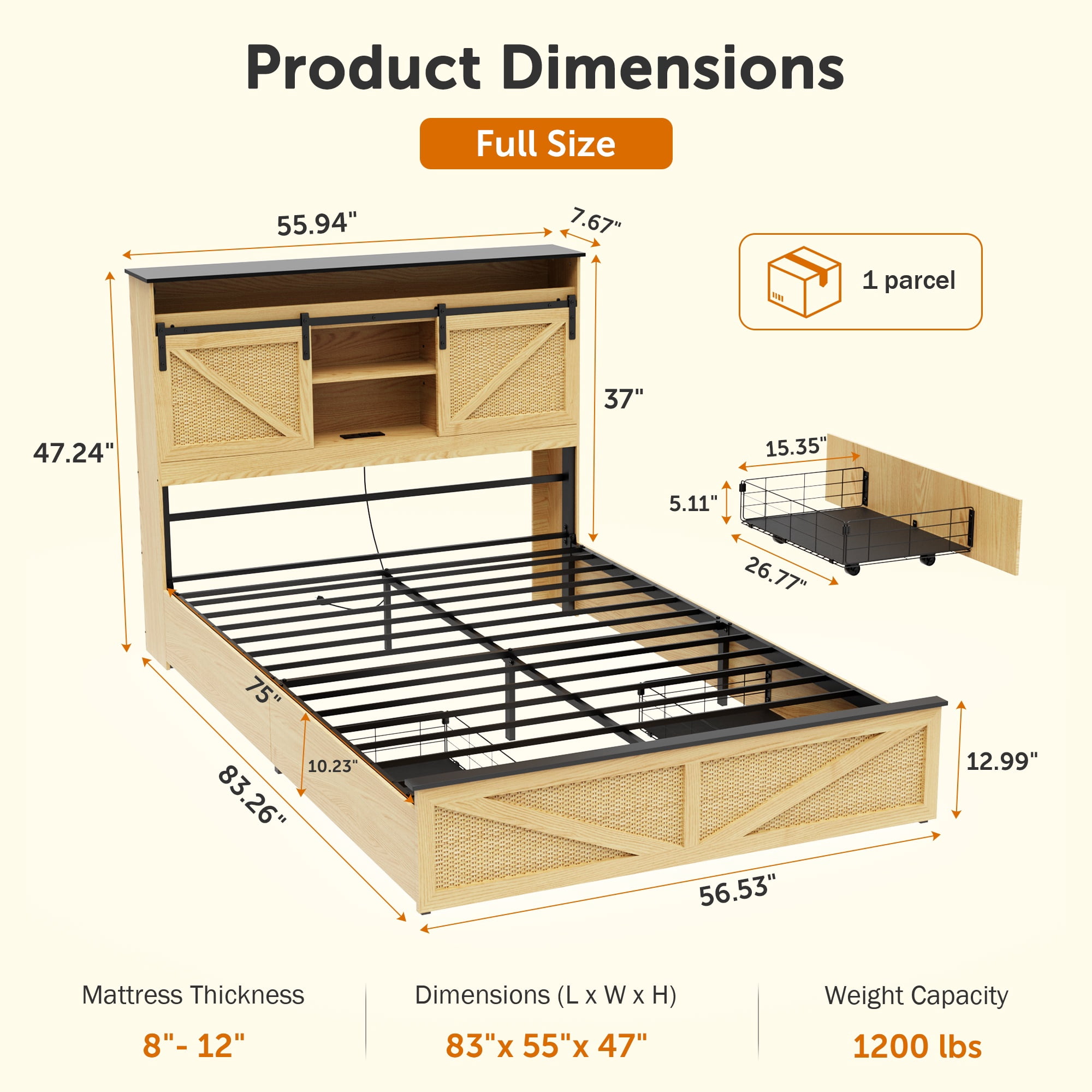 Wood Full Bed Frame with Headboard & Storage Shelf, Holaki Farmhouse Full Size Platform Bed Frame with 2 Drawers, Charging Station & LED Lights, Headboard with Sliding Barn Door, Natural