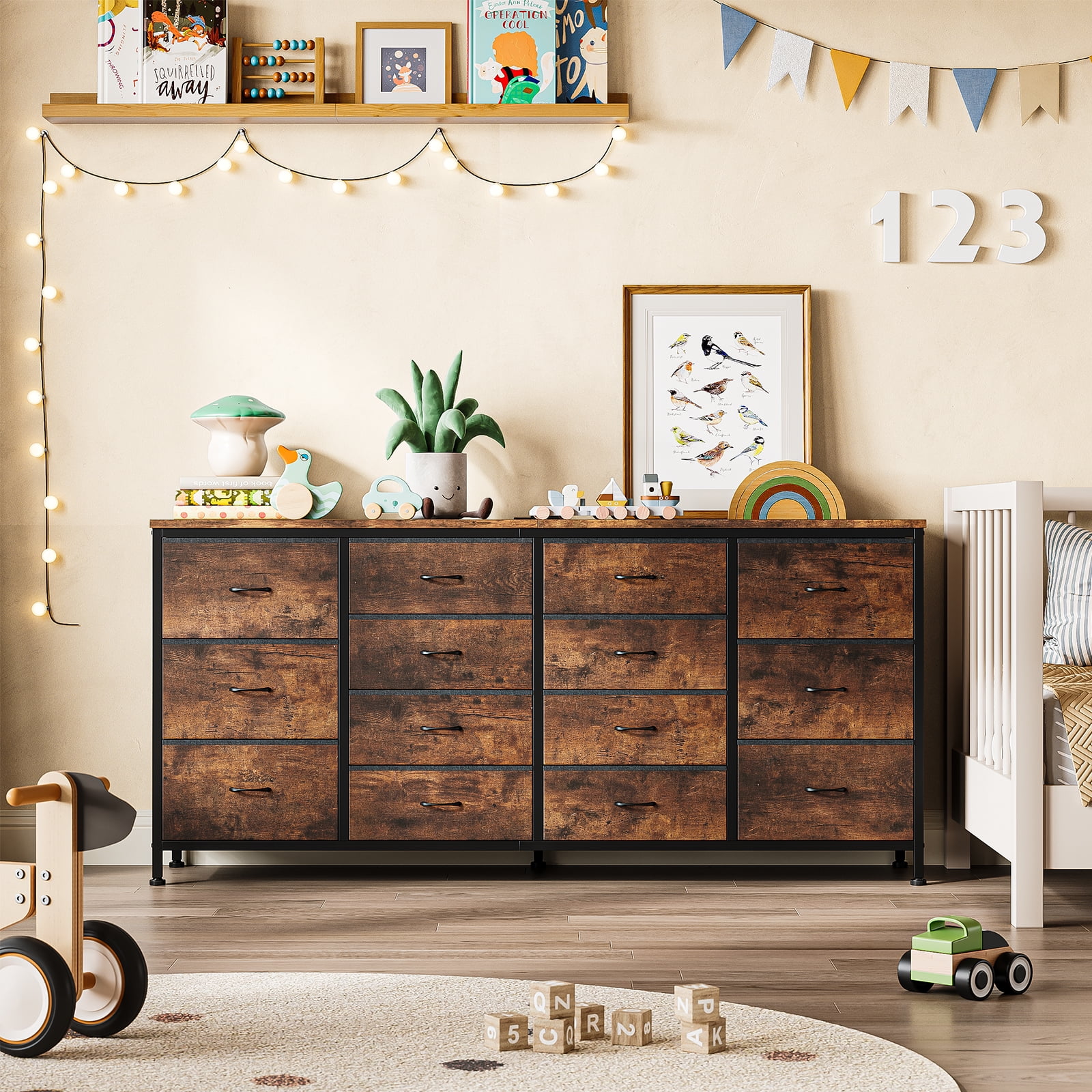 PIONEERWORKS 14-Drawer Dresser TV Stand, 63" Wide Fabric Storage Cabinet with Power Outlets for Bedroom, Entertainment Center for 65-75 Inch TVs, Black