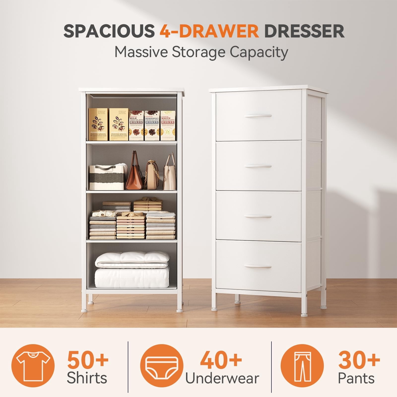 Telyra 4-Drawer Fabric Dresser 37.4" Tall Storage Tower with Wood Top and Steel Frame Narrow Organizer, White