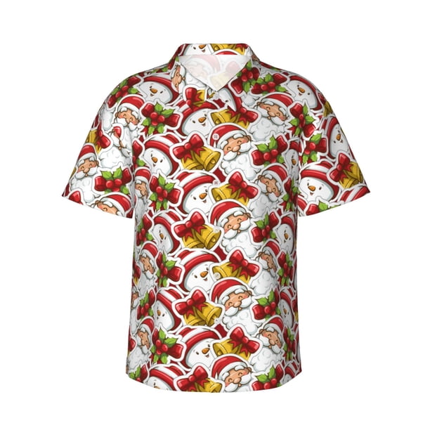 Fotbe Santa Claus bells Snowman Camisa Hawaiana para Hombre Unisex – Camisa Casual de Verano con Botones de Manga Corta de Algodón y Lino,Medium