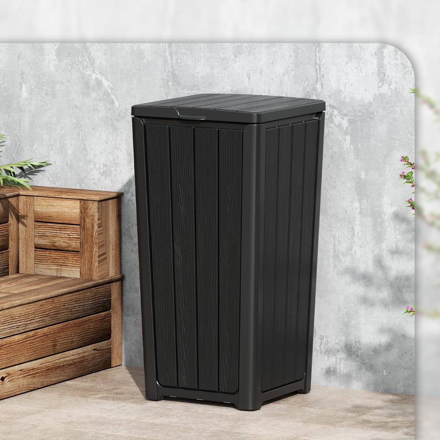 23 Gal Outdoor Resin Trash Can with Tiered Lid – Waterproof Garbage Bin for Patio, Kitchen & Backyard – 15.2×15.2×30.7 in, Easy Install