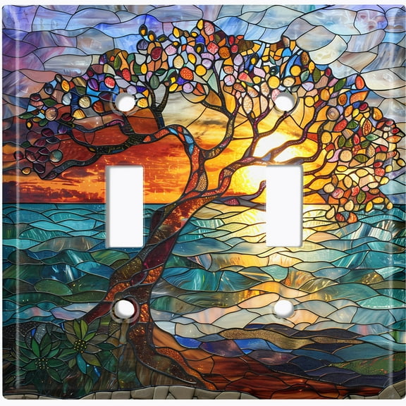 Metal Light Switch Wall Plate Outlet Cover (Printed Image of Stained Glass Tree with Sunset - Double Toggle)