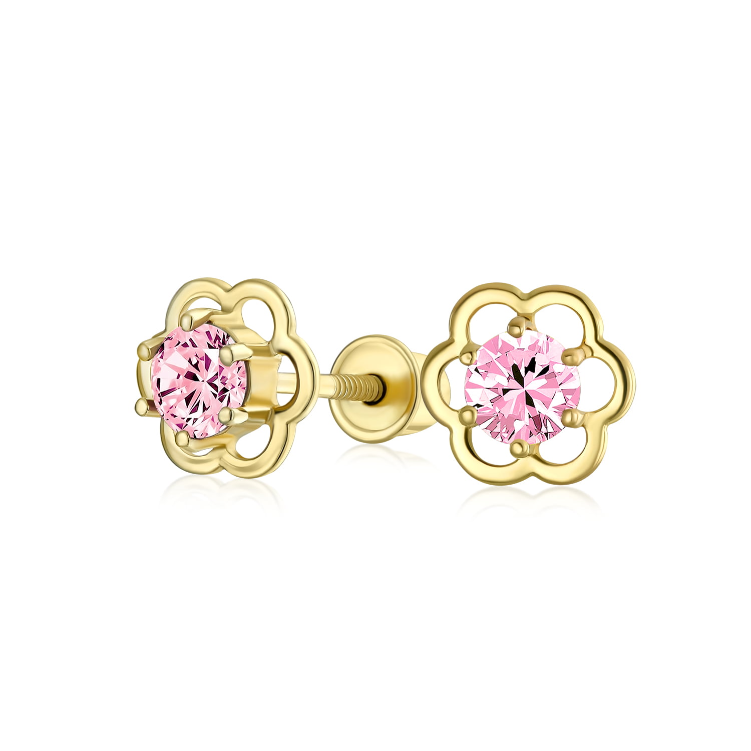 Jewels By Lux 14K Yellow Gold Flower Cubic Zirconia CZ Womens Stud Earrings With Screw Backs 