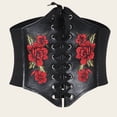 thumbnail image 1 of Cinturón ancho de mujer con bordado de rosas de moda para mujer con elástico para vestir en piel sintética, 1 of 6