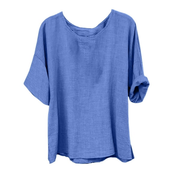 Women's Cotton Linen Top Short Sleeve Crew Neck Oversized Boho Blouse with Side Slit - Summer Casual | Yubnlvae (Blue | L)
