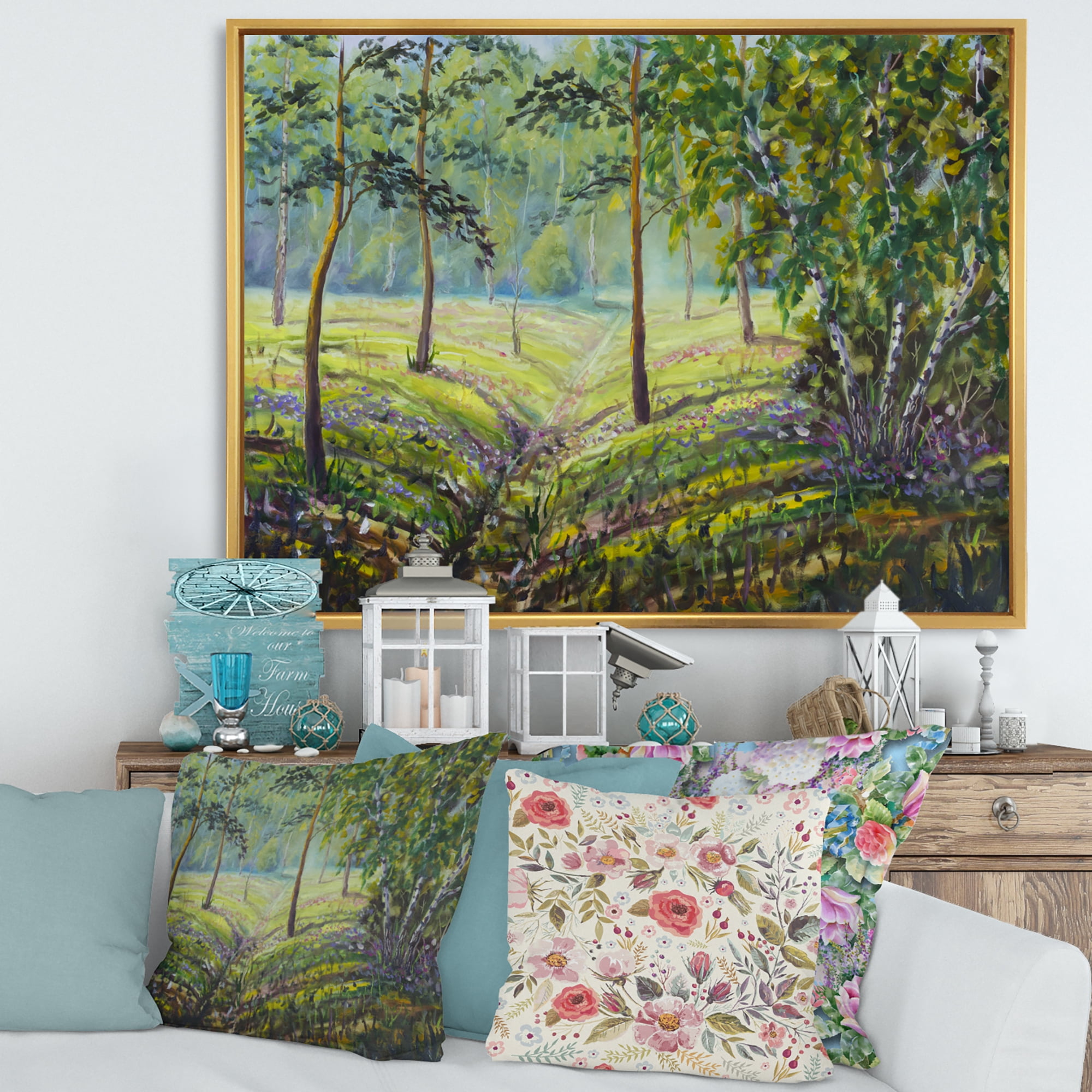 Designart 'Bushes and Pine Trees In The Forest I' Lake House Framed Canvas Wall Art Print