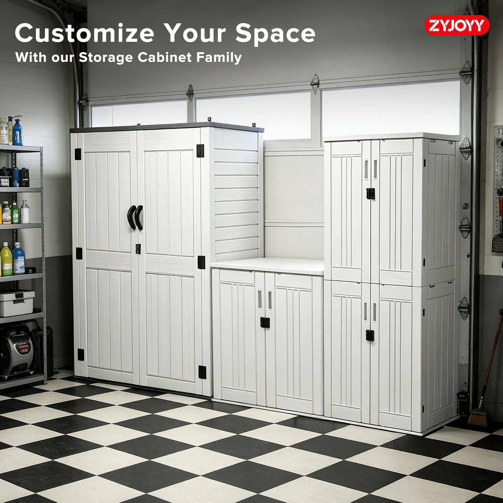 ZYJOYY Outdoor Storage Cabinet, 60 Cu. Ft. Resin Vertical Storage Shed with Floor, Lockable Waterproof Storage for Garden Tools, Pool Supplies & Patio Essentials, Grey