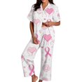 thumbnail image 3 of Women’s Short Sleeve 2 Piece Sleepwear Pajama Set All‑Over Pink Ribbon Heart Star Print Notch Collar Button Down Long Pants with Pockets Comfy Relaxed Fit Home Night Loungewear Pink L, 3 of 4