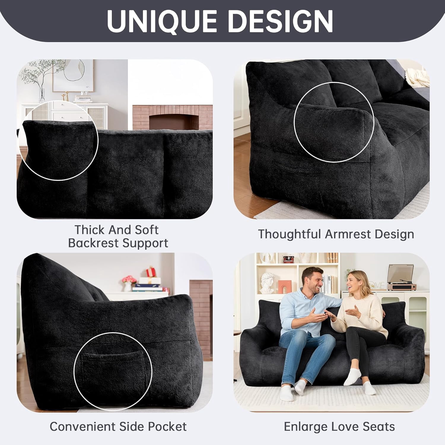 LinkRomat Faux Fur Loveseat, Oversized 2-Seater Sofa with High-Density Foam, for Living Room & Bedroom, No Assembly Required, Black