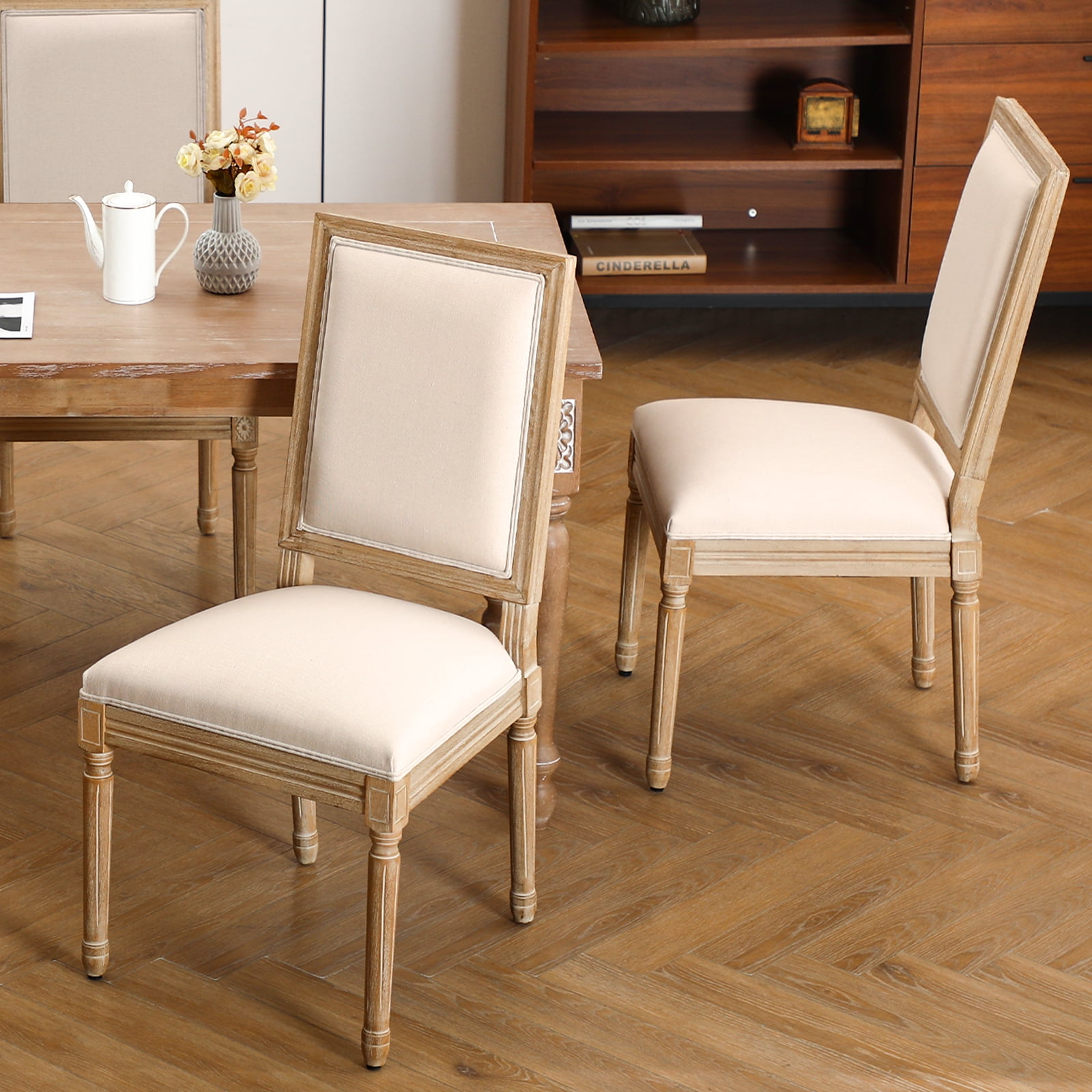 Furniliving French Country Dining Chairs Set of 2, Dining Room Chairs with Rubber Wood Legs, Beige
