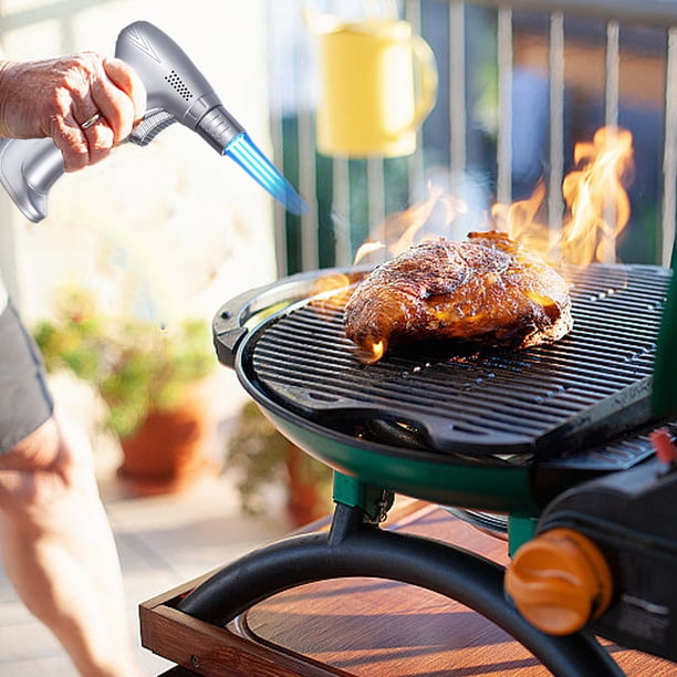 Encendedor de soplete de butano recargable a prueba de viento Encendedor de cocina | Cerradura segura | Llama azul fuerte ajustable | Cocina, Barbacoa, Camping | 1 paquete | 11,8x8,7cm | Plata