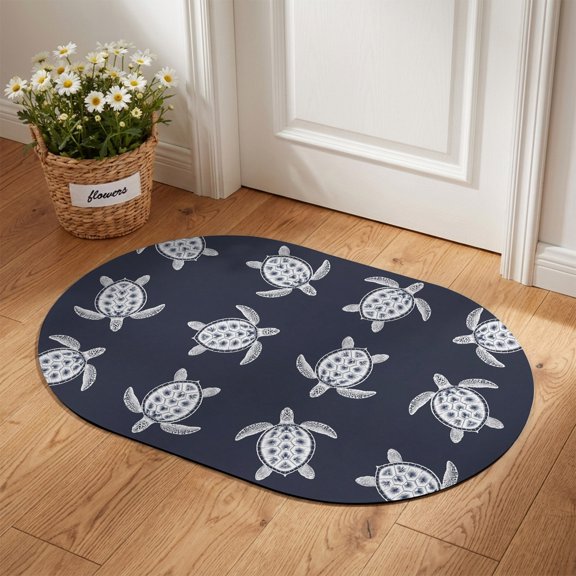 Summer Sea Turtles Diatomaceous Earth Bath Mat, Coastal Nautical Minimalist Navy Blue Ocean Oval Non-Slip Quick Dry Door Mat Super Absorbent Bath Rug for Bathroom Kitchen Laundry 16x24in