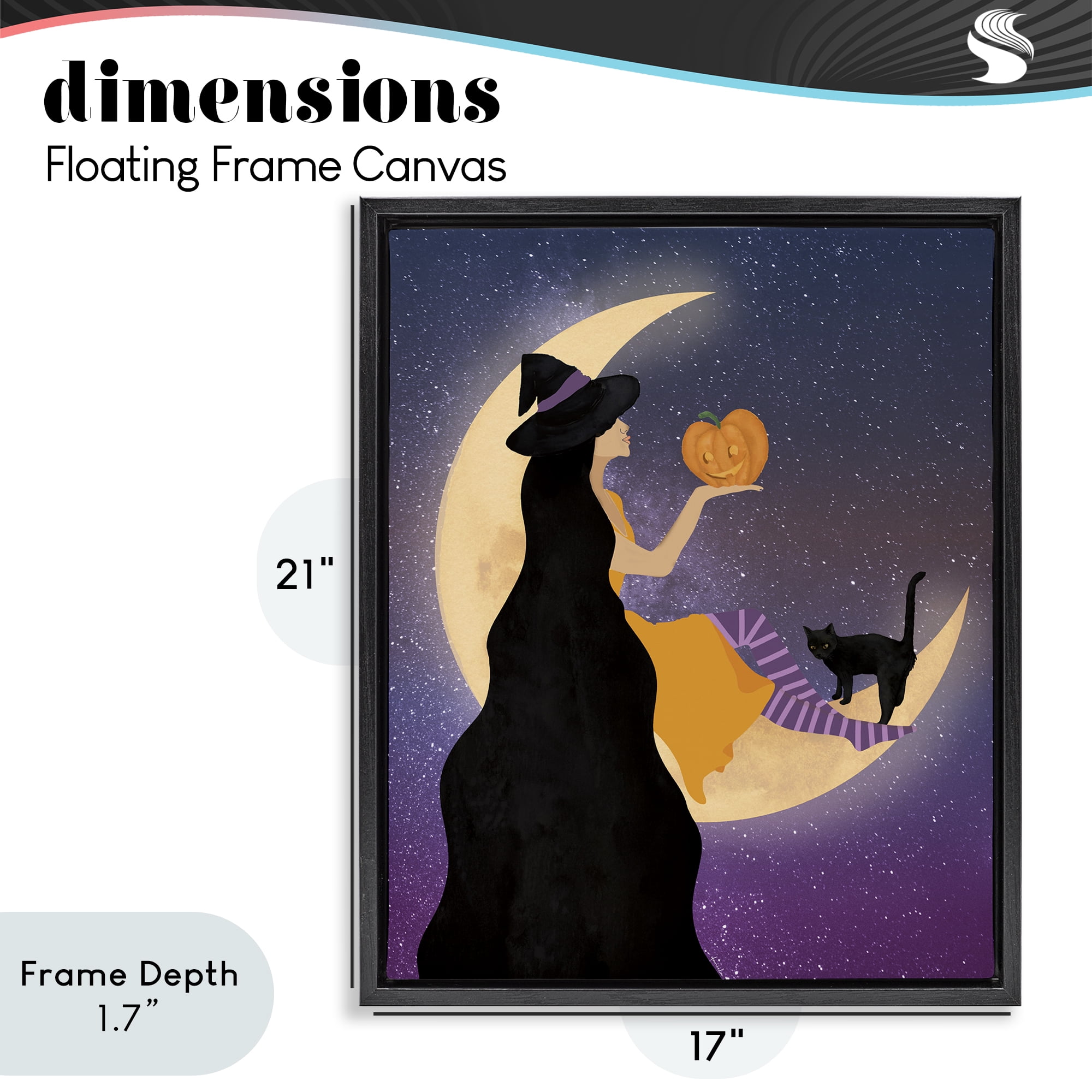 Stupell Industries Moonlit Witch Holding Jack-o-Lantern Black Framed Floater Canvas Wall Art, design by Daniela Santiago