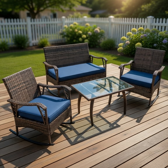 Topcobe 4 Pieces Wicker Rocking Set with Bungee Rope Seat, Outdoor Patio Furniture for Garden Backyard Pool Deck-Navy