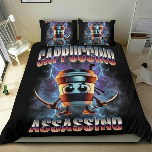 3 Piece Comforter Cover Set For Cappuccino Assasino Tung Tung Sahur Bedding Set Cute Duvet Cover Sets Super Soft For Teens Kids Bedroom Gifts,1 Duvet Cover with 2 Pillowcases Twin
