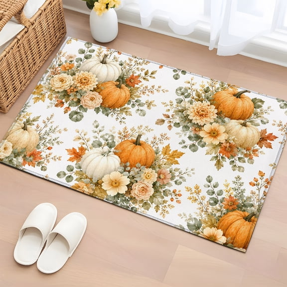 Orange White Pumpkins Fall 2'x3' Washable Rug,Thanksgiving Eucalyptus Floral Non-Slip Soft Doormat Area Rugs for Entrance Bathroom Bedsides,Front Doormat Carpet for Kitchen Bedroom,Entryway Floor Mat
