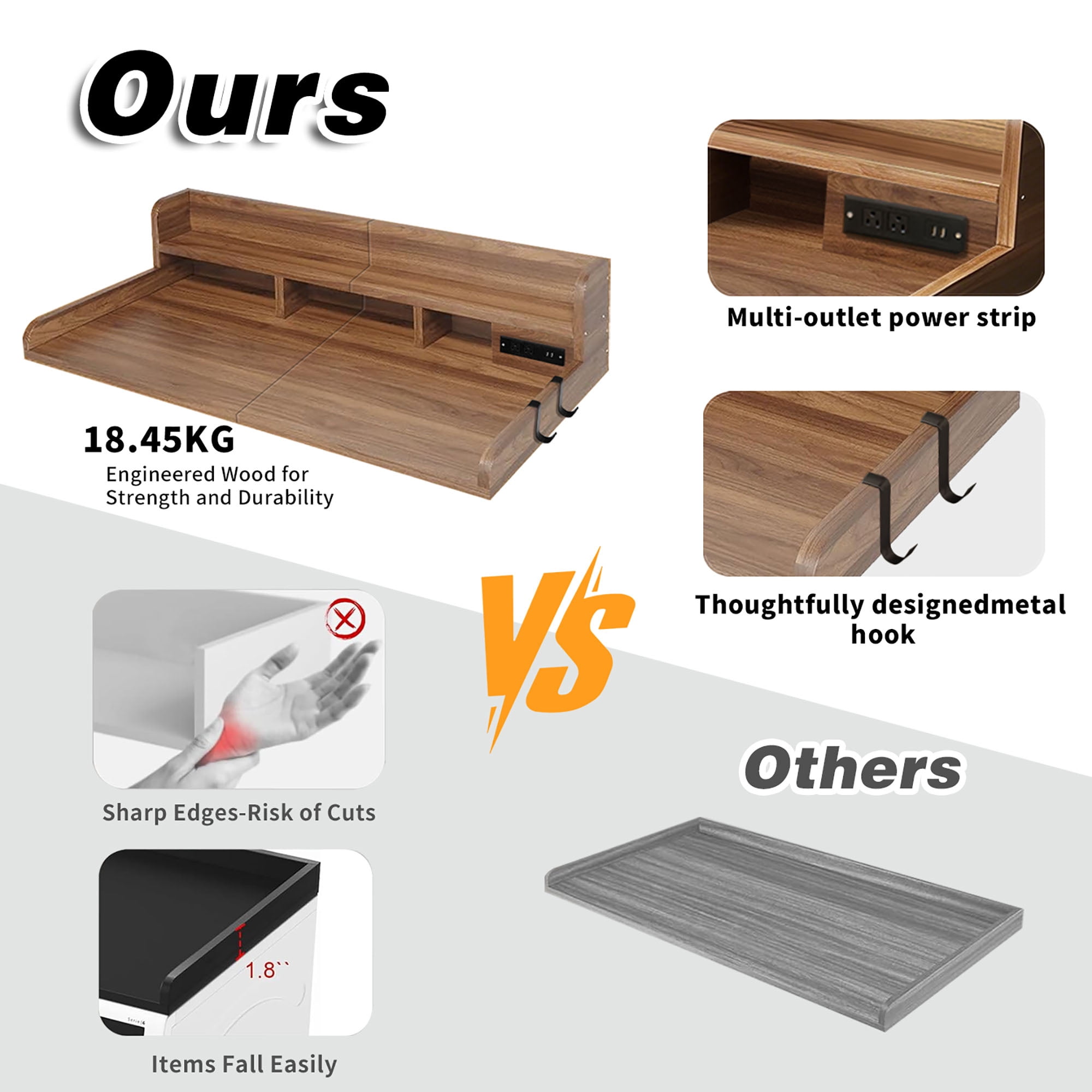 CQSXDA 54"Large 2-Tier Walnut Laundry Countertop With Power Outlet, Hooks & Non-Slip Pads for Folding and Storage