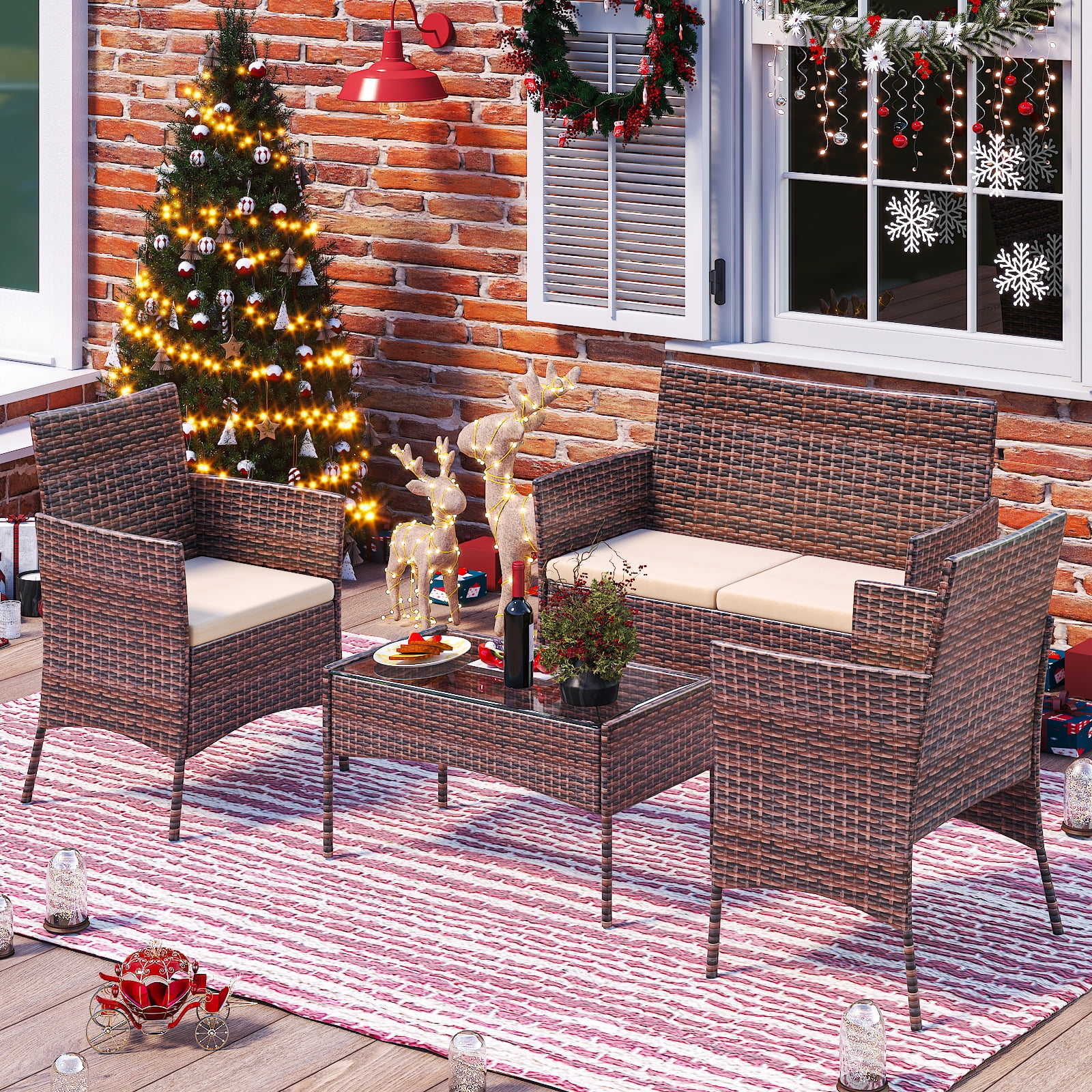 Ktaxon 4 Piece PE Rattan Wicker Outdoor Patio Conversation Set with Glass Coffee Table and Beige Cushions, Brown Gradient